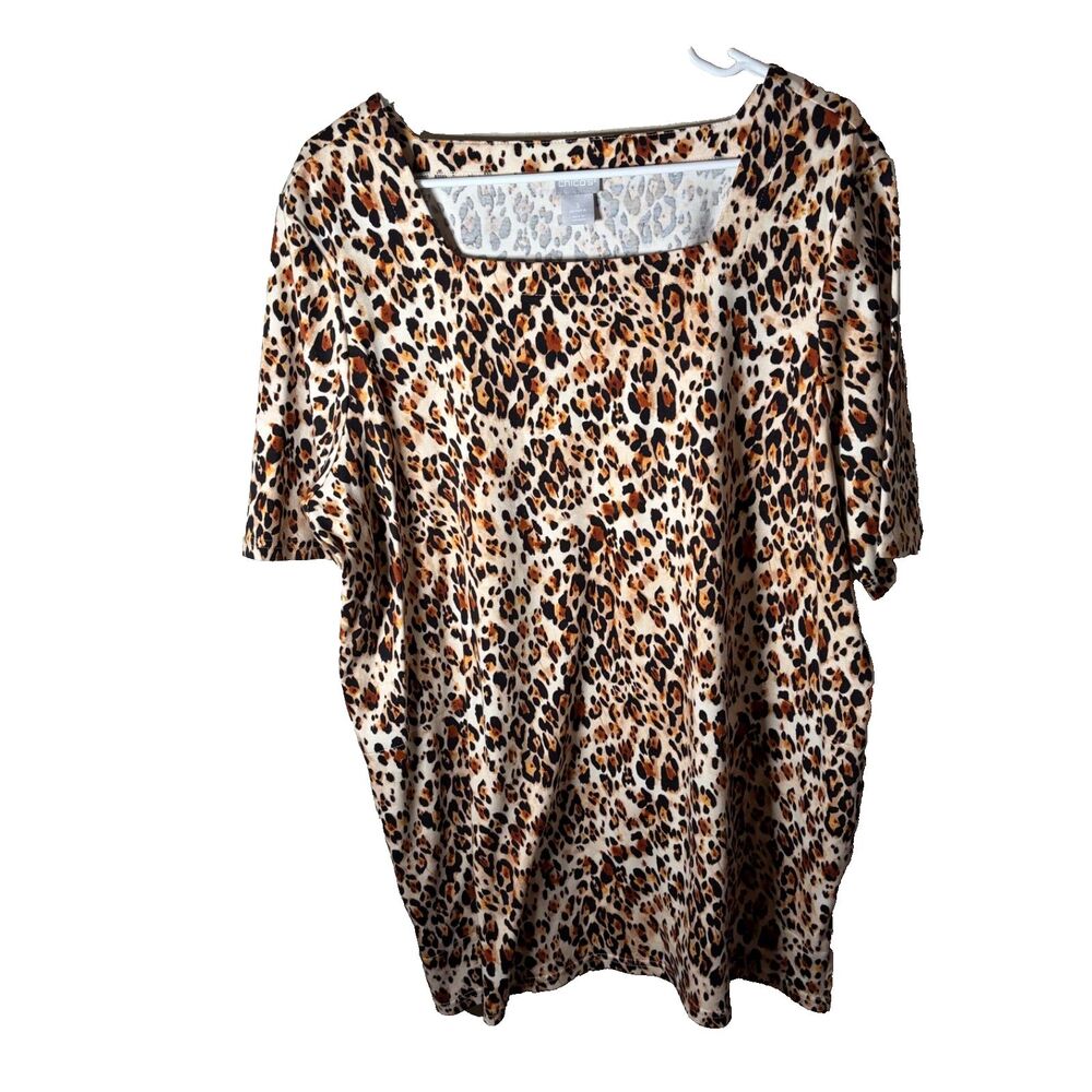 Chico's Shirt Women's 3 XL Square Neck Short Sleeve Cheetah Animal Print Top